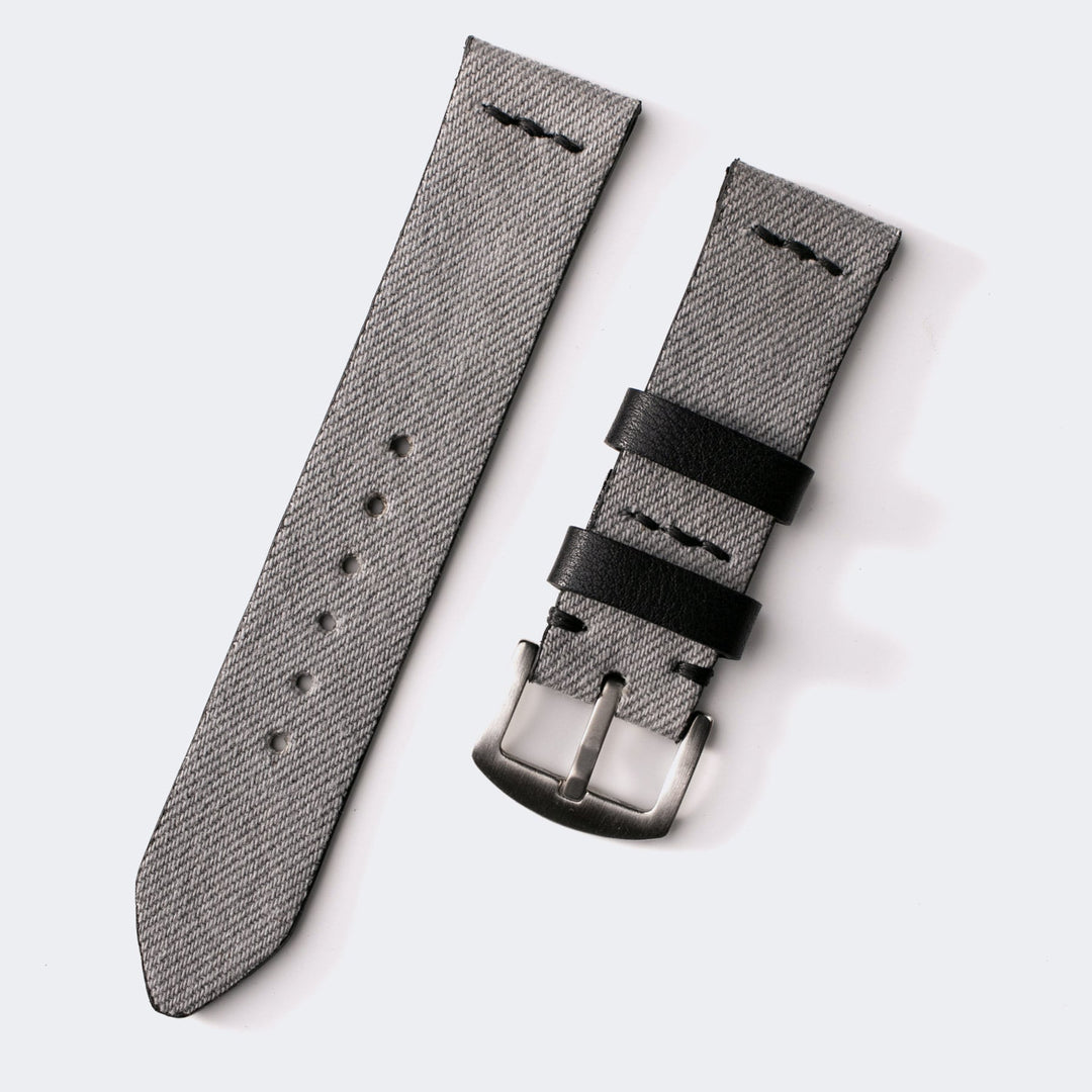 Roarstraps el yapımı kot saat kayışı, gri ve siyah renklerde, şık tasarımlı ve dayanıklı