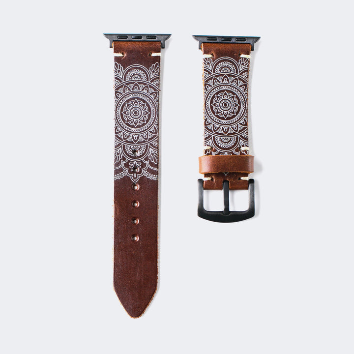 Roarstraps el yapımı deri Apple Watch kordonu, şık desenli tasarımıyla dikkat çekiyor.