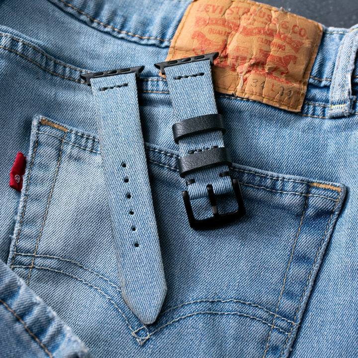 Roarstraps apple watch kot kayış, denim mavi rengiyle şık bir görünüm sunar