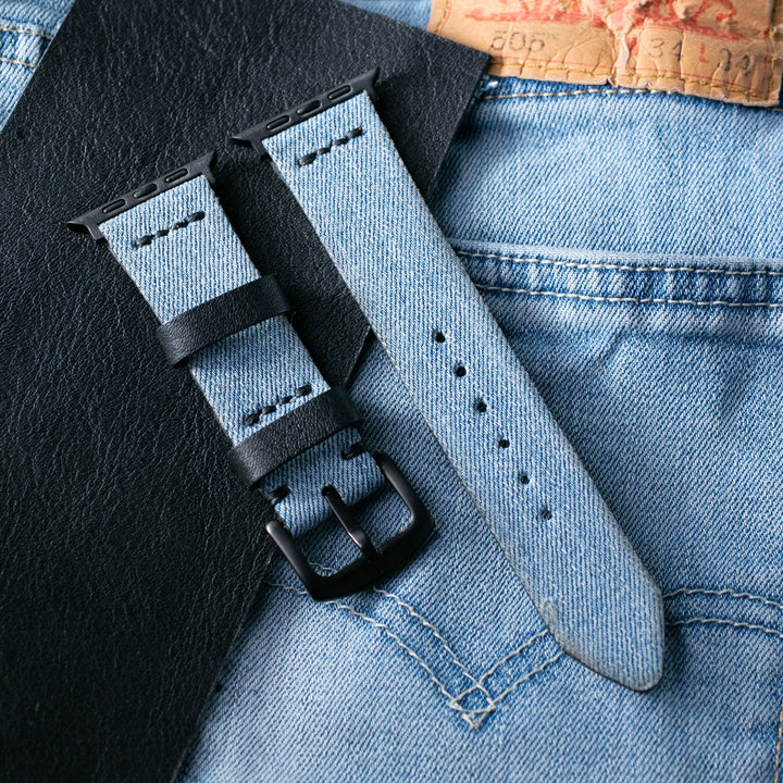 Roarstraps apple watch kot kayış, şık denim tasarımı ile modern görünüm sağlar.