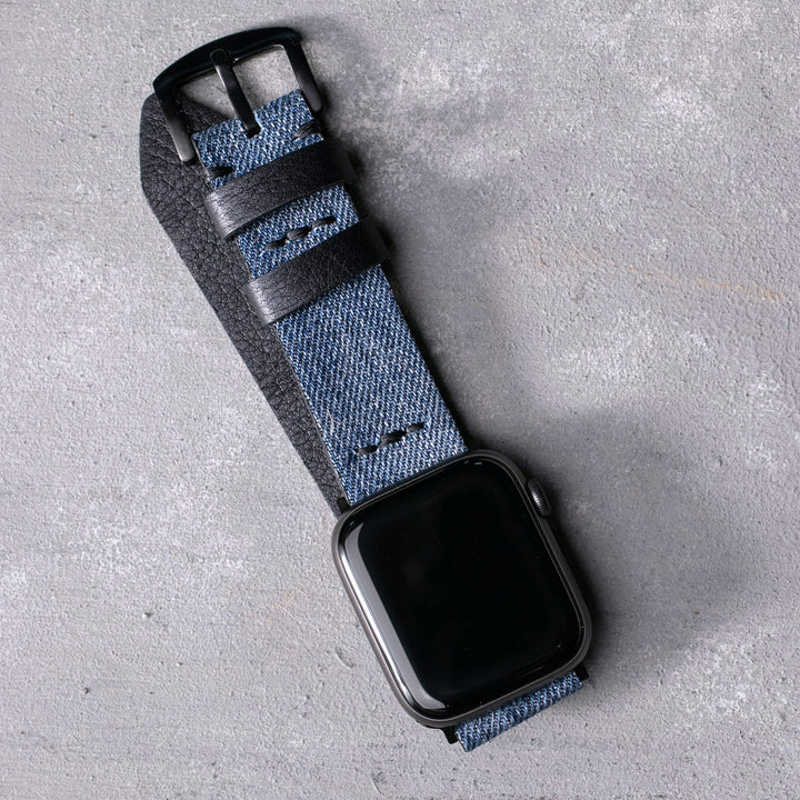 Roarstraps Apple Watch kot kayış, şık denim tasarımı ile modern görünüm sunuyor.