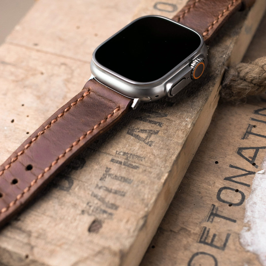 Çift Kat Deri Apple Watch Kayışı - Antik Kahve - Roarcraft TR