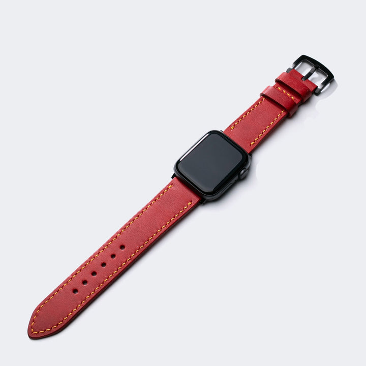 Roarstraps el yapımı deri Apple Watch kayışı, şık kırmızı renk ve kaliteli dikiş detaylarıyla
