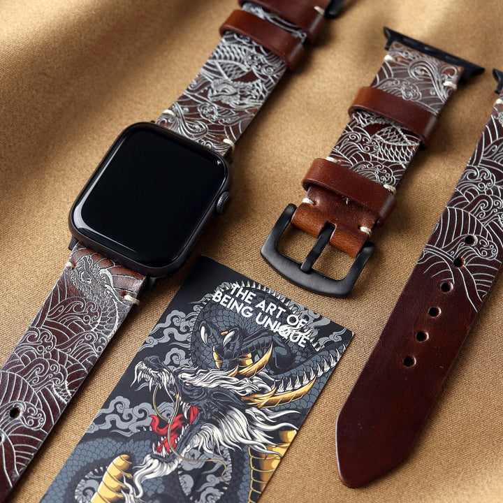 Roarstraps el yapımı deri Apple Watch kordonu, zarif desenler ve şık bir tasarımla birlikte