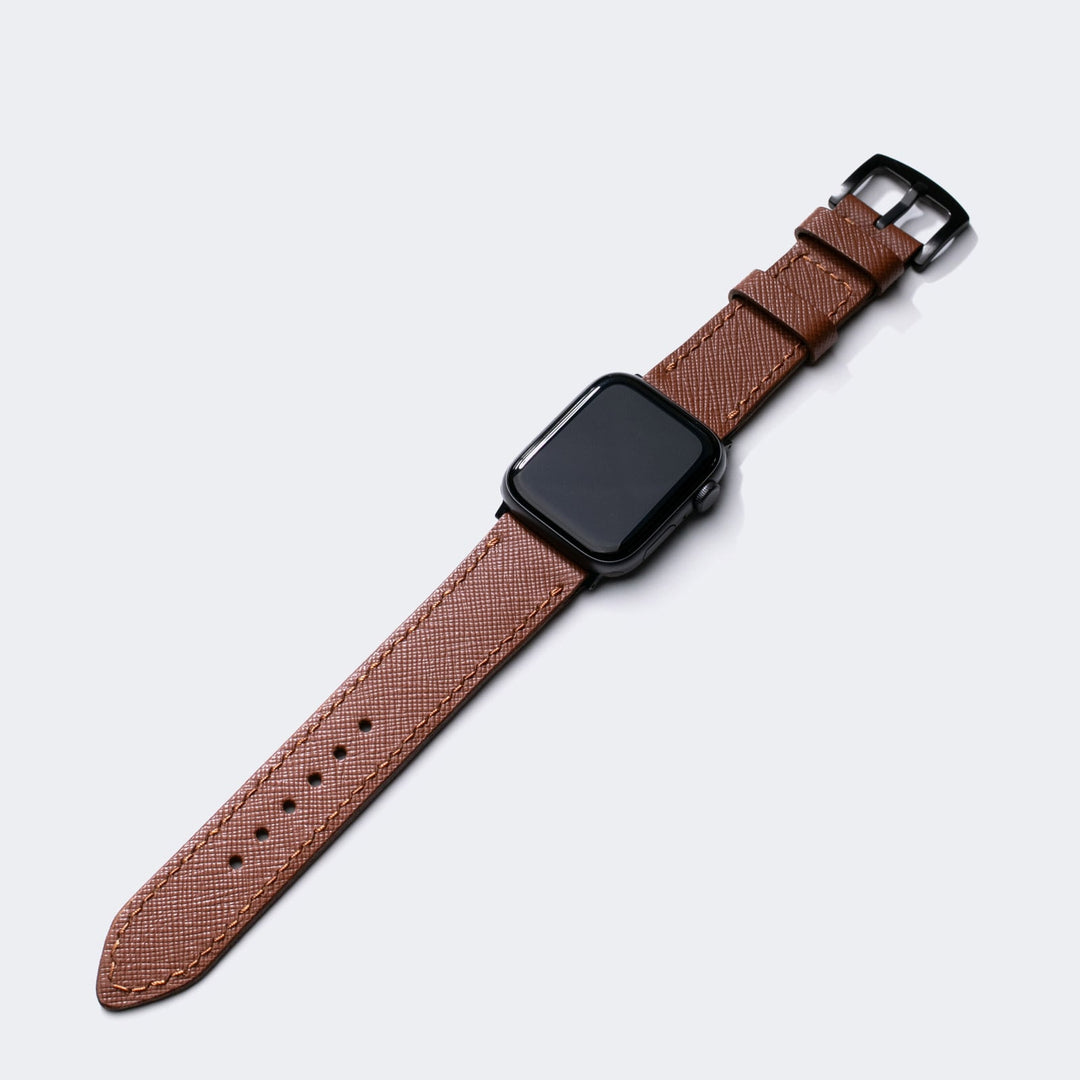 Saffiano deri apple watch kayış, şık kahverengi tasarım ve sağlam metal tokası ile
