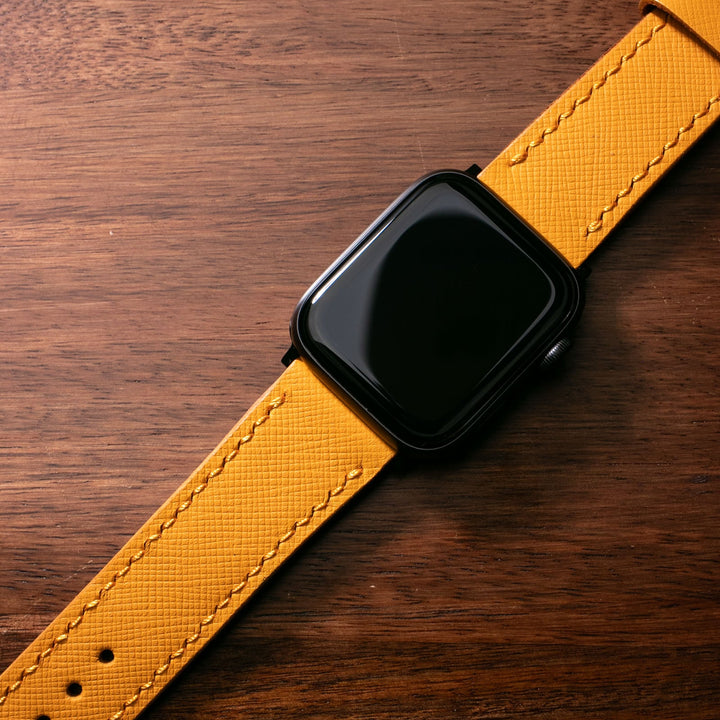 Saffiano deri apple watch kayış, sarı renkli ve şık dizaynıyla günlük kullanım için ideal