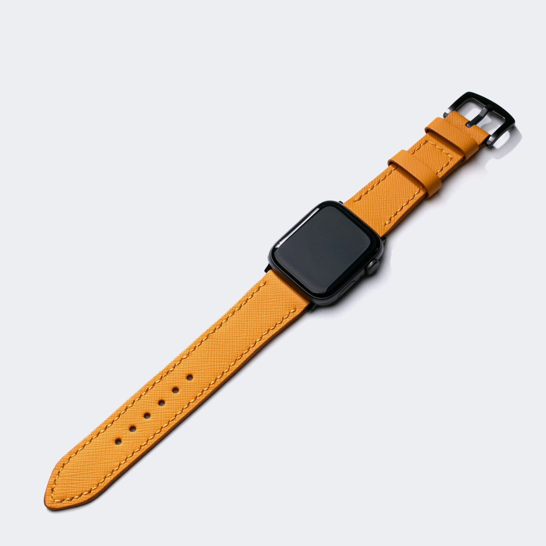 Saffiano deri apple watch kayış, siyah kasaya uyumlu turuncu renkli şık tasarım