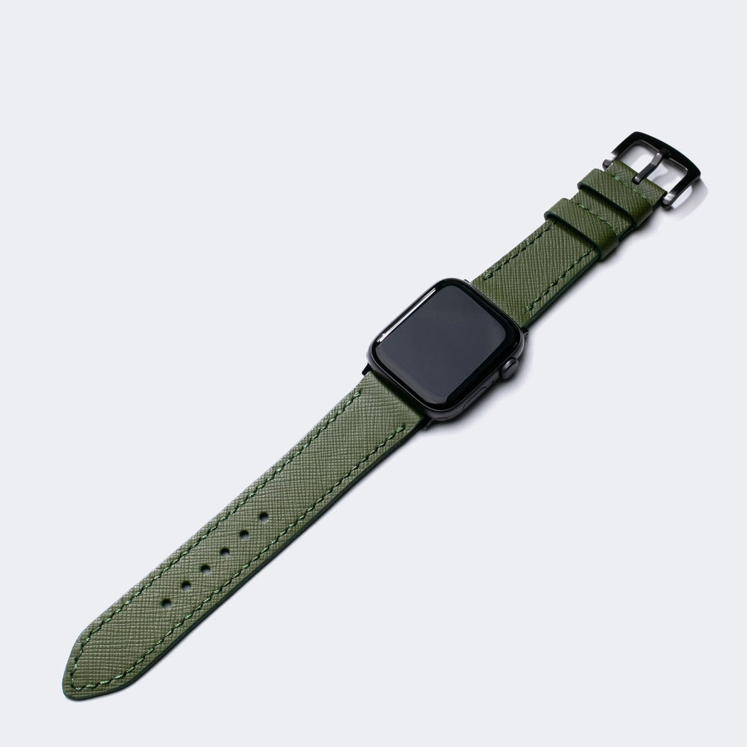 Asker yeşili deri Apple Watch kayış, şık tasarımıyla günlük kullanıma uygun