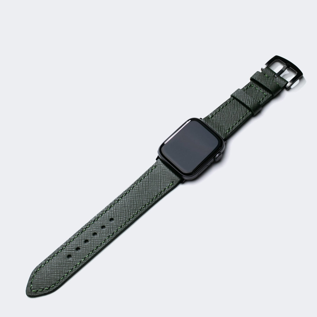 Saffiano deri apple watch kayışı, yeşil renk ve şık tasarım ile modern görünüm sunar.