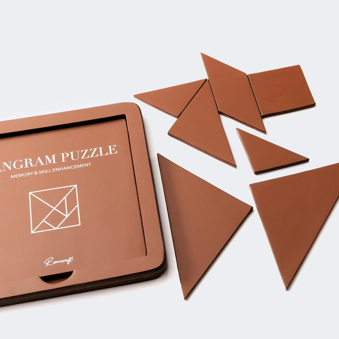 Roarcraft deri tangram puzzle seti, hafıza ve beceri geliştirme için özel tasarlanmış.