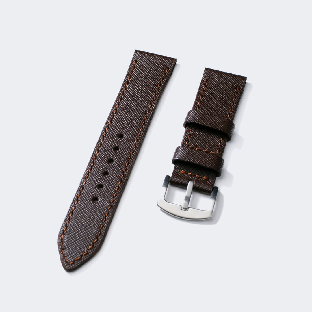 Roarstraps saffiano deri saat kayışı, şık kahverengi tasarım ve paslanmaz çelik toka ile