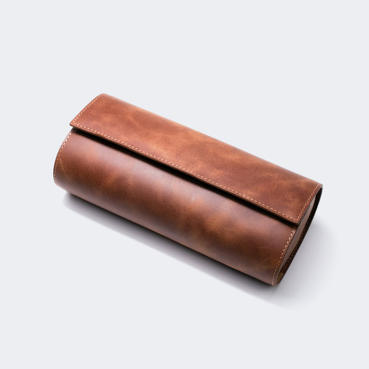 Üçlü Deri Saat Kutusu - Tobacco - Watch Roll - Aksesuar