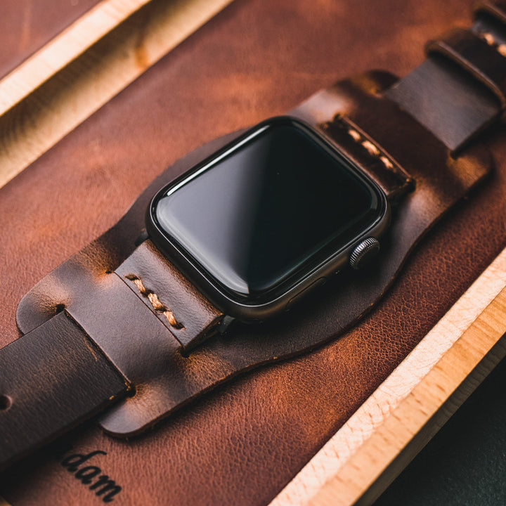 Bund Strap - Çift Kat Deri Apple Watch Kayışı - Antik Kahve - Roarcraft TR