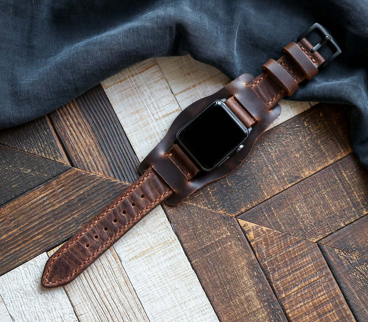 (YENİ) Bund Strap - Özel Yapım Apple Watch Deri Saat Kayışı - Antik Kahve