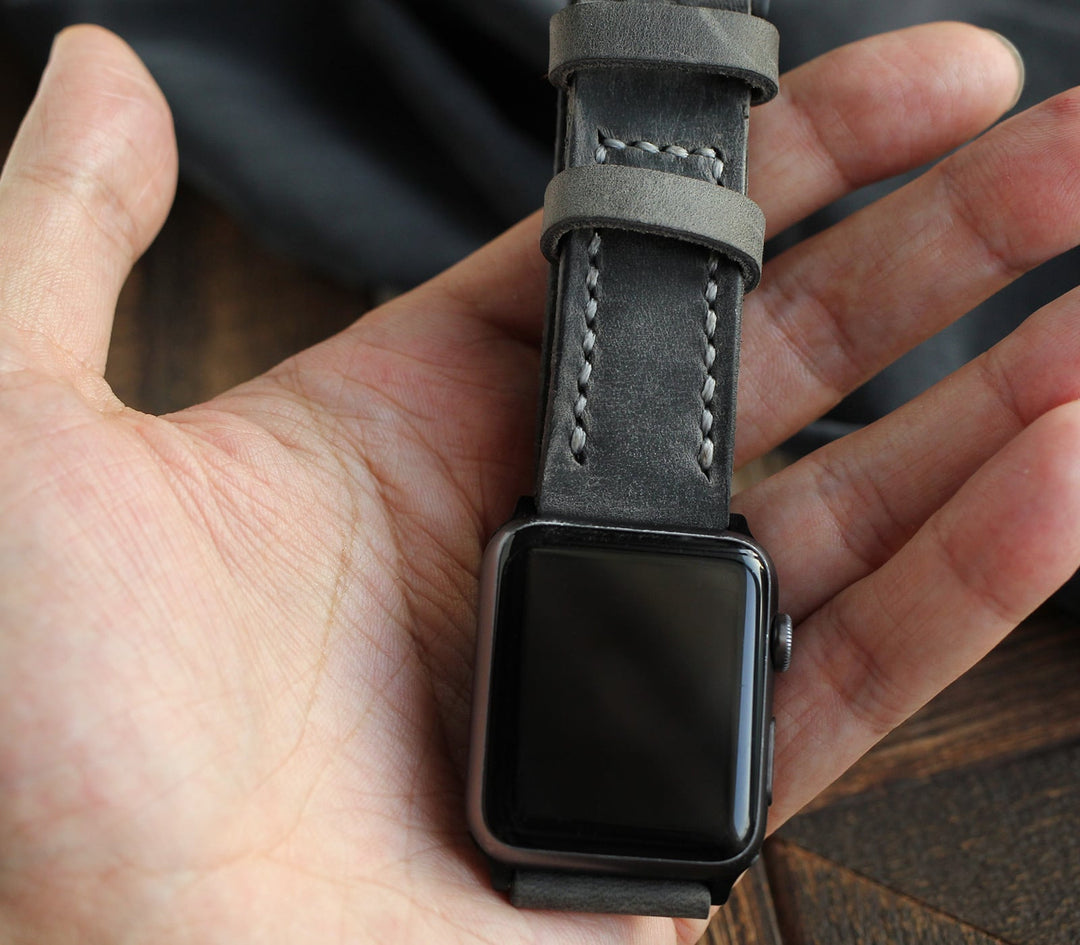 Özel Yapım Apple Watch Deri Saat Kayışı - Antik Gri