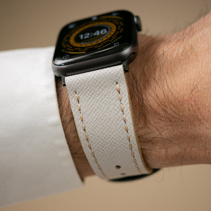 Saffiano Deri Apple Watch Kayış - Kar Beyaz - Roarcraft TR