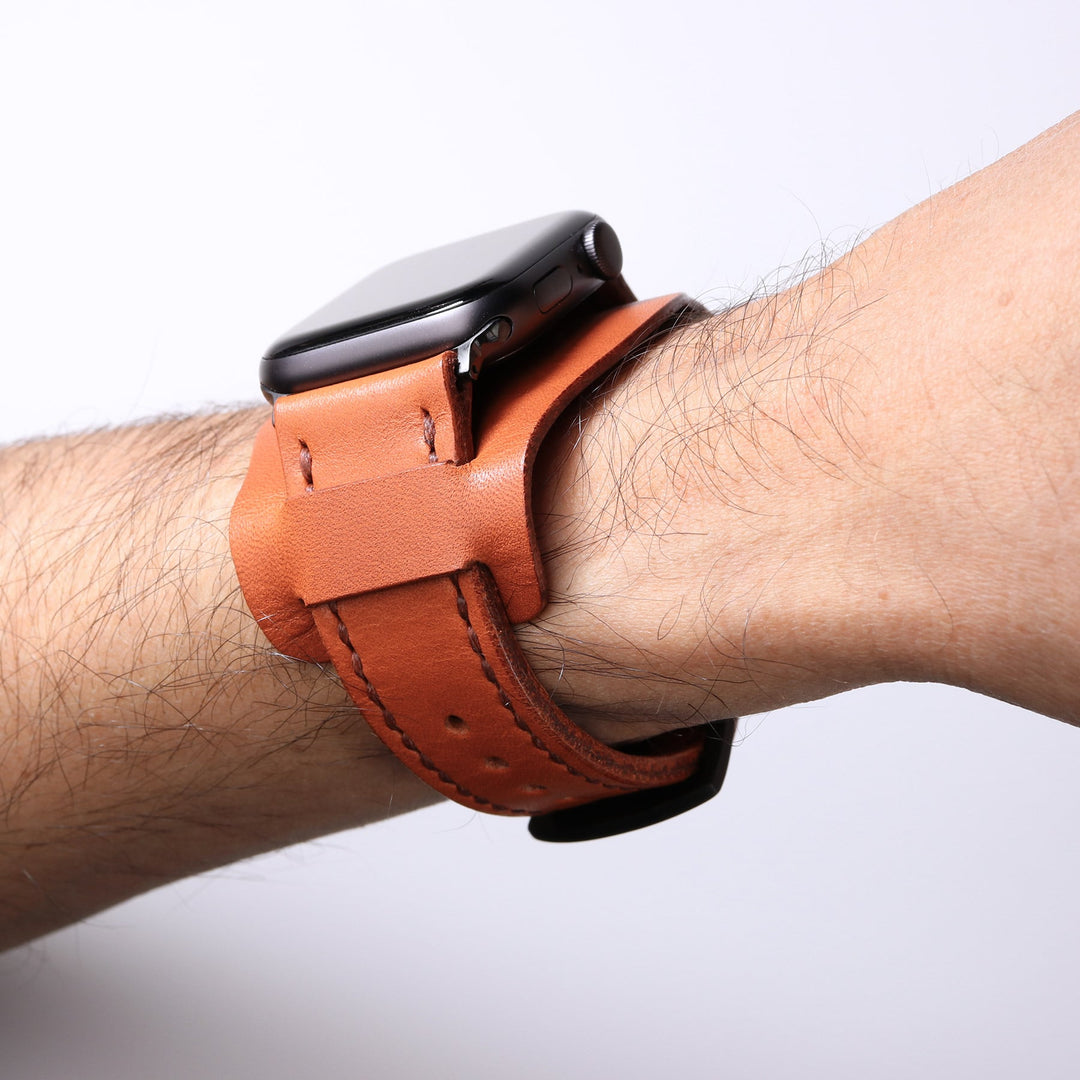 Bund Strap - Çift Kat Deri Apple Watch Kayışı - Konyak - Roarcraft TR