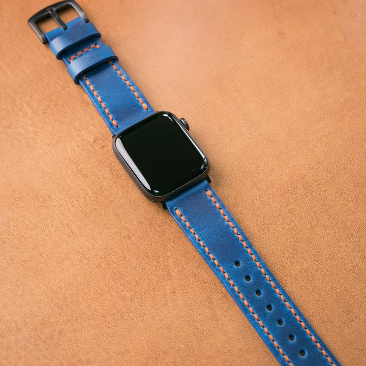 Çift Kat Deri Apple Watch Kayışı - Kobalt Mavi - Roarcraft TR