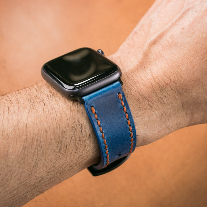 Çift Kat Deri Apple Watch Kayışı - Kobalt Mavi - Roarcraft TR