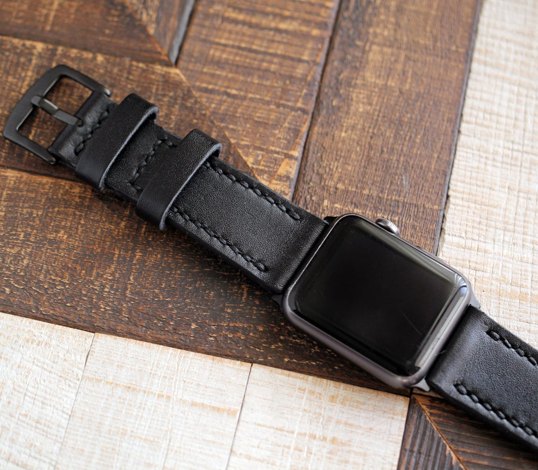 Özel Yapım Apple Watch Deri Saat Kayışı - Siyah