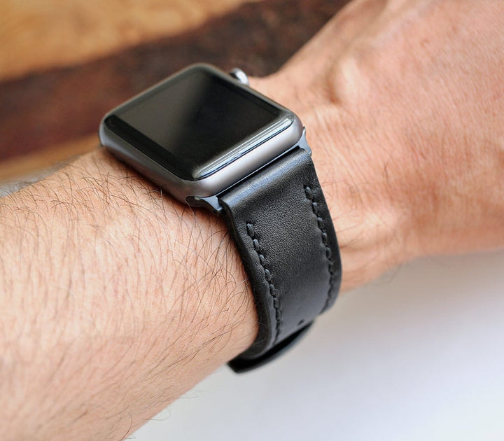 Özel Yapım Apple Watch Deri Saat Kayışı - Siyah