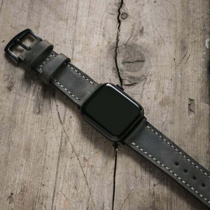 Çift Kat Deri Apple Watch Kayışı - Antik Gri - Roarcraft TR