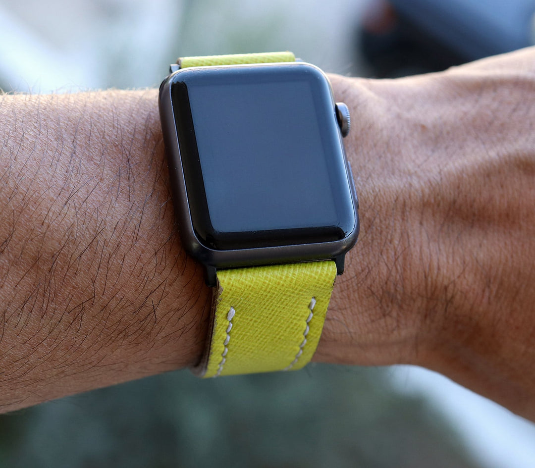 Özel Yapım Apple Watch Deri Saat Kayışı - Lime Saffiano